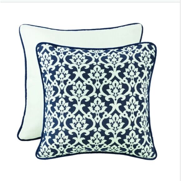 Other - H HIEND ACCENTS Navy and White Floral Jaquard Euro with Piping. White/Navy Blue